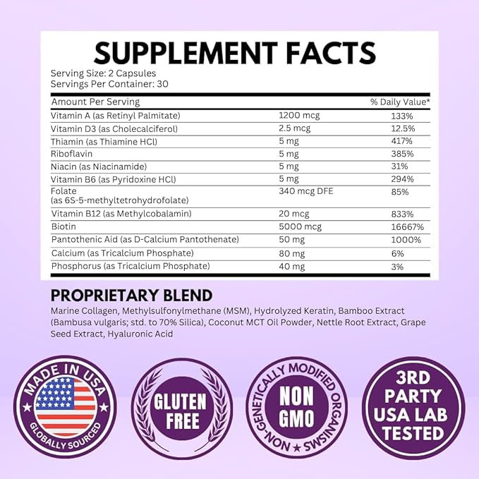 Vitboost Biotin with Hyaluronic Acid, Collagen and Keratin – 25000 mcg Hair Growth Vitamins for Men and Women – Nails and Skin, USA Made - Third Party Tested, B1, B2, B3, B6, B7 Complex - 120 Capsules