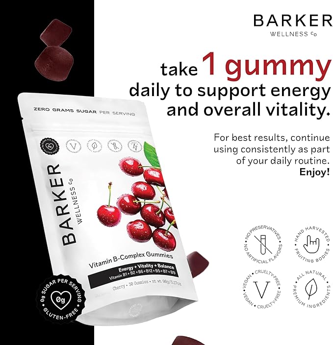 Barker Wellness Vegan B-Complex Gummies – Comprehensive Energy & Metabolism Boost with B1, B5, B6, B7 Biotin, B9 Folate, B12 | Sugar-Free Cherry Flavor for Daily Focus & Vitality