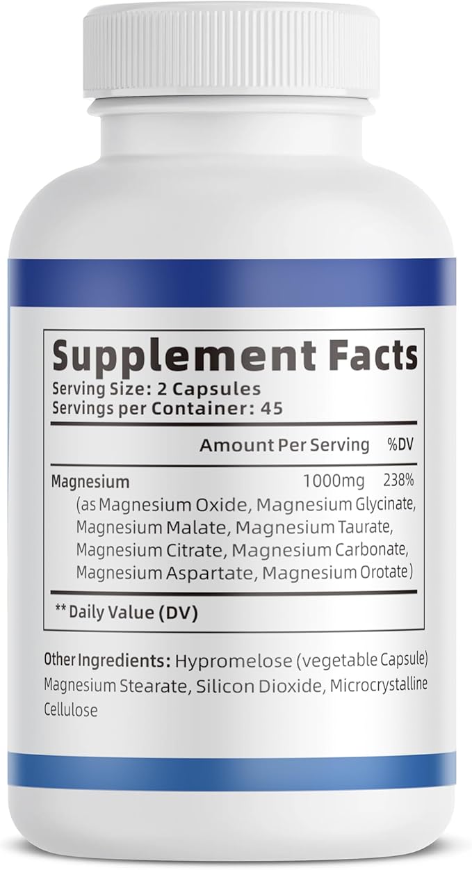 1000mg Magnesium Complex Capsules, 8 Elemental with Magnesium Glycinate, Citrate, Malate, Taurate, Oxide, Carbonate, Aspartate, Orotate for Bones, Muscle, Recovery, Energy, Vegan Non-GMO, 4 Bottle