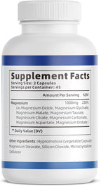 1000mg Magnesium Complex Capsules, 8 Elemental with Magnesium Glycinate, Citrate, Malate, Taurate, Oxide, Carbonate, Aspartate, Orotate for Bones, Muscle, Recovery, Energy, Vegan Non-GMO, 2 Bottle