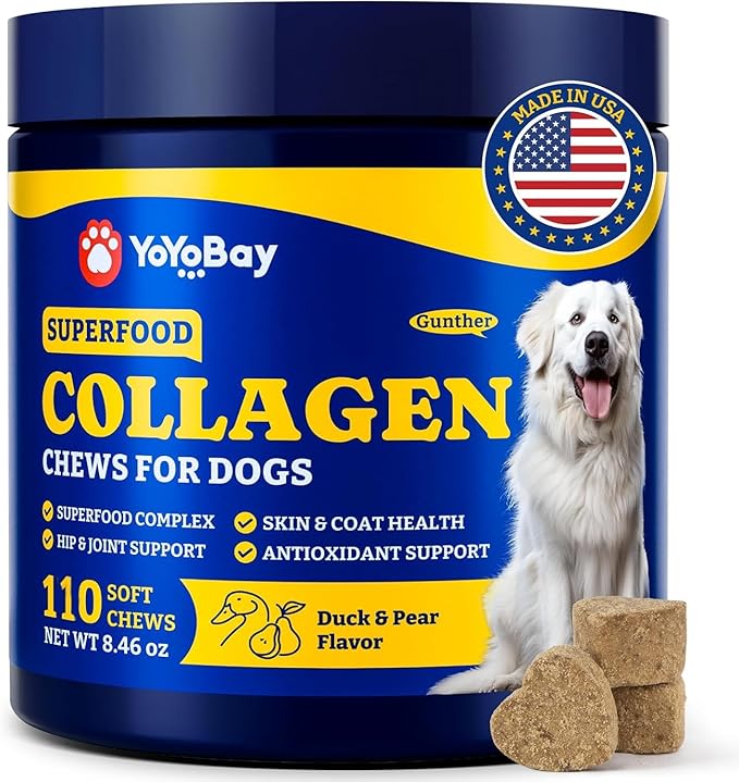 Collagen for Dogs - Collagen Soft Chews for Hip, Joint, Cartilage & Mobility Support, Skin & Coat Supplement for Dogs, with Types I, II & III Collagen and Superfood - 110 Count, Duck & Pear Flavor