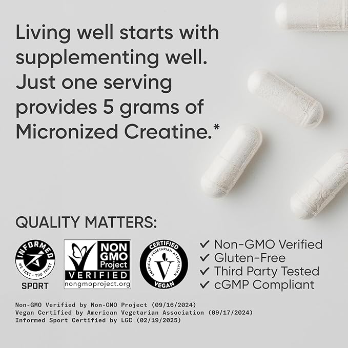 Sports Research® Creatine Monohydrate Capsules - Supports Workout Recovery, Lean Muscle gain, Performance and Strength* - Non-GMO, Vegan Certified - 5g per Servings - 30 Servings