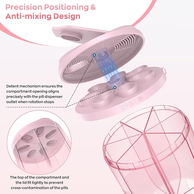 Hionxmga Pill Dispenser with 7 Large Compartments, Pill Bottle Organizer for Travel, Supplement Organizer with Anti-Mixing Design, Pink