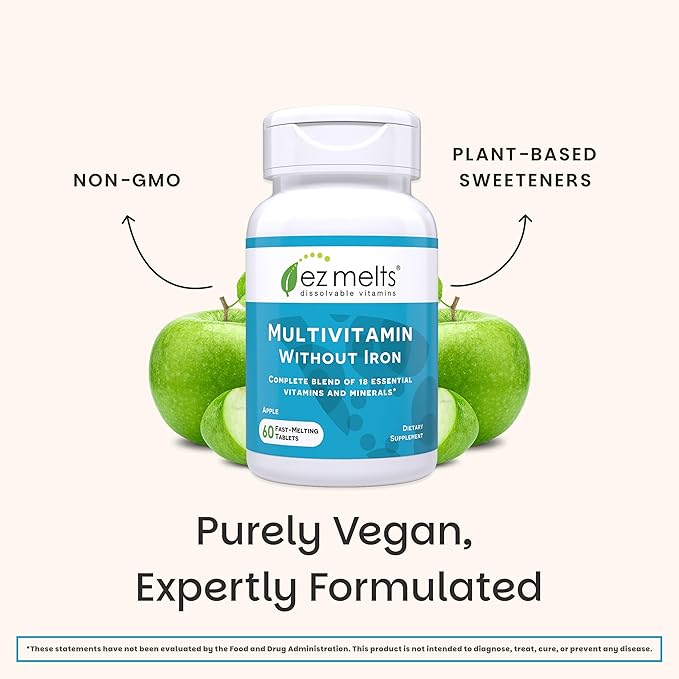 EZ Melts Multivitamin Without Iron - Daily Supplement with 18 Vitamins & Minerals - Contains Vitamin C, Folate, Biotin & More - Non-GMO & Vegan - Apple - 60 Dissolvable Tablets (30 Servings)