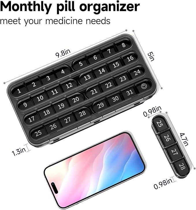 Zoksi Monthly Pill Organizer 1 Times a Day, 30 Day Pill Box Organizer,One Month Pill Case for Travel, 31 Day Daily Medcine Container for Vitamins, Supplement & Medication(Black)
