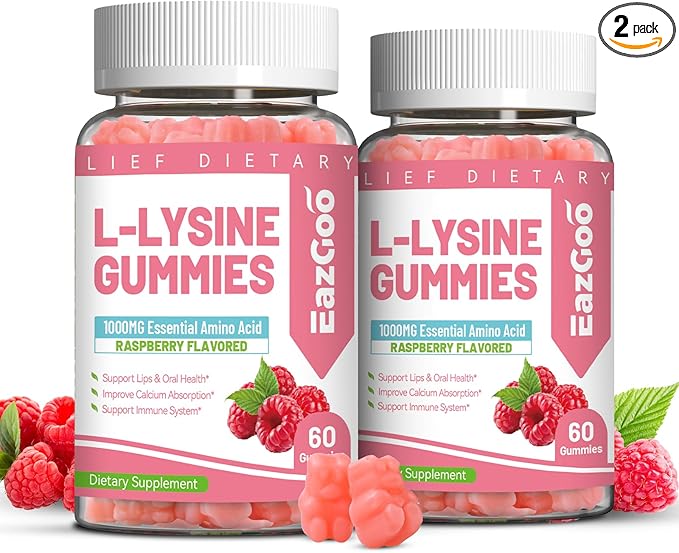 2 Pack L-Lysine 1000mg Gummies, Chewable Lysine Supplement for Adults, Essential Amino Acid for Lip Health, Immune Support, Collagen Formation* - Vegan, Gluten-Free, Sugar-Free, 120 Counts
