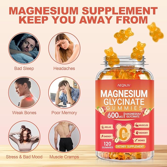 Magnesium Glycinate Gummies 600MG, Chewable Sugar Free Magnesium Citrate for Men & Women, Vitamin B6, D3, Magnesium Supplements for Sleep, Body Support and Relaxation, 60 Day Supply