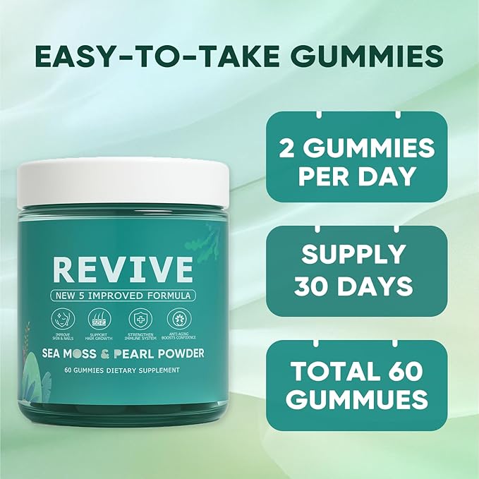 Revive Hair Gummies, Balmbare Revive Gummies for Hair, Promotes Thicker, Fuller, Stronger Hair, with Organic Irish Sea Moss, Pearl Powder Glow, Vitamin C/E, Aloe Vera, 60 Count (2)