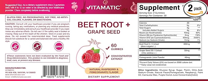 Vitamatic Beet Root Gummies 400mg with B6 (2mg), B12, Grape Seed, Pomegranate & Nicotinamide – Plant-Based Extract – Vegan, Non-GMO – Botanical Supplement Gummies – 60 Count - 2 Pack (120 Count)