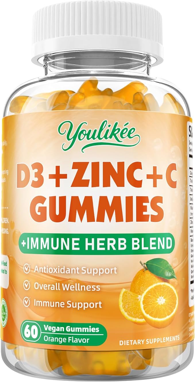 Vitamin C + D3 + Zinc Gummies for Adults, Immune Support Supplement with Elderberry, Echinacea & Mullein Leaf - Antioxidant Support, Sugar Free, Orange Flavor, 60 Count