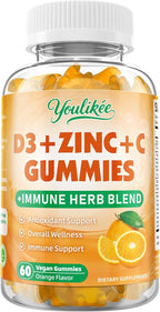 Vitamin C + D3 + Zinc Gummies for Adults, Immune Support Supplement with Elderberry, Echinacea & Mullein Leaf - Antioxidant Support, Sugar Free, Orange Flavor, 60 Count