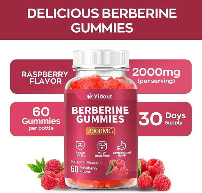 Berberine Gummies 2000mg-Natural High Potency Berberine HCL Supplement - Immune System & Metabolism Support - Vegan, Non-GMO - Delicious Raspberry Flavor (60 Count（Pack of 2）)