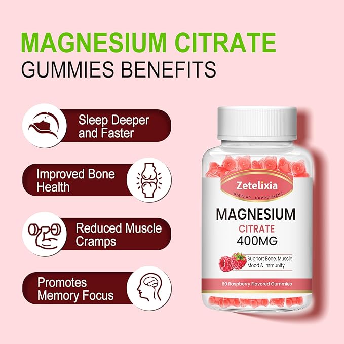Magnesium Citrate Gummies 400MG, High Absorption Magnesium Gummies for Adults, Muscle & Teeth Support, Vegan 60 Cts