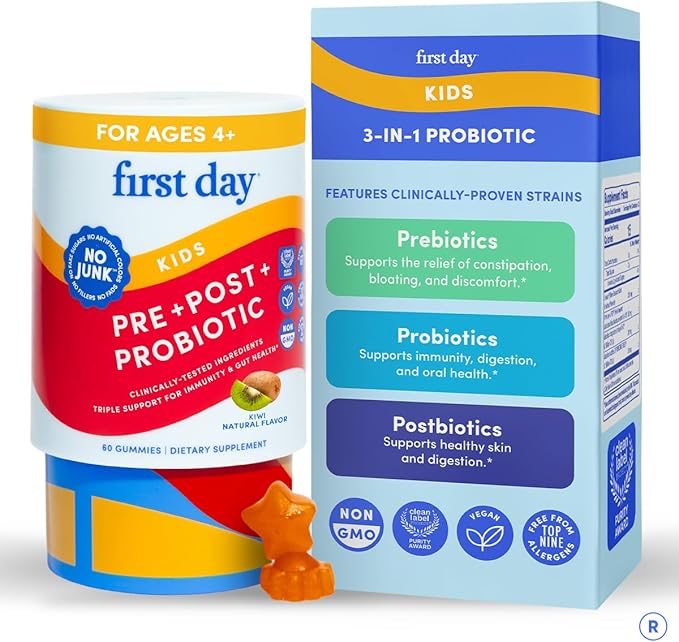 FIRST DAY Kids 3-in-1 Probiotic Gummies – Prebiotic + Probiotic + Postbiotic Supplement – Supports Digestive & Oral Health, Immune Function & Energy Levels – 30-Day Supply