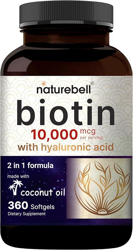 NatureBell Biotin 10000mcg + Hyaluronic Acid 25mg | 360 Coconut Oil Softgels, Premium Biotin Supplement for Hair Skin and Nails*