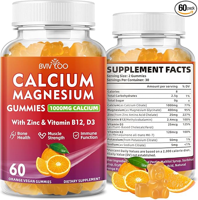 Calcium Gummies 1000mg with Vitamin D3 K2 & B Complex, Potassium, Calcium Magnesium Zinc Gummies for Bone, Muscle, Mood and Immunity - Orange Flavor 60 Gummies
