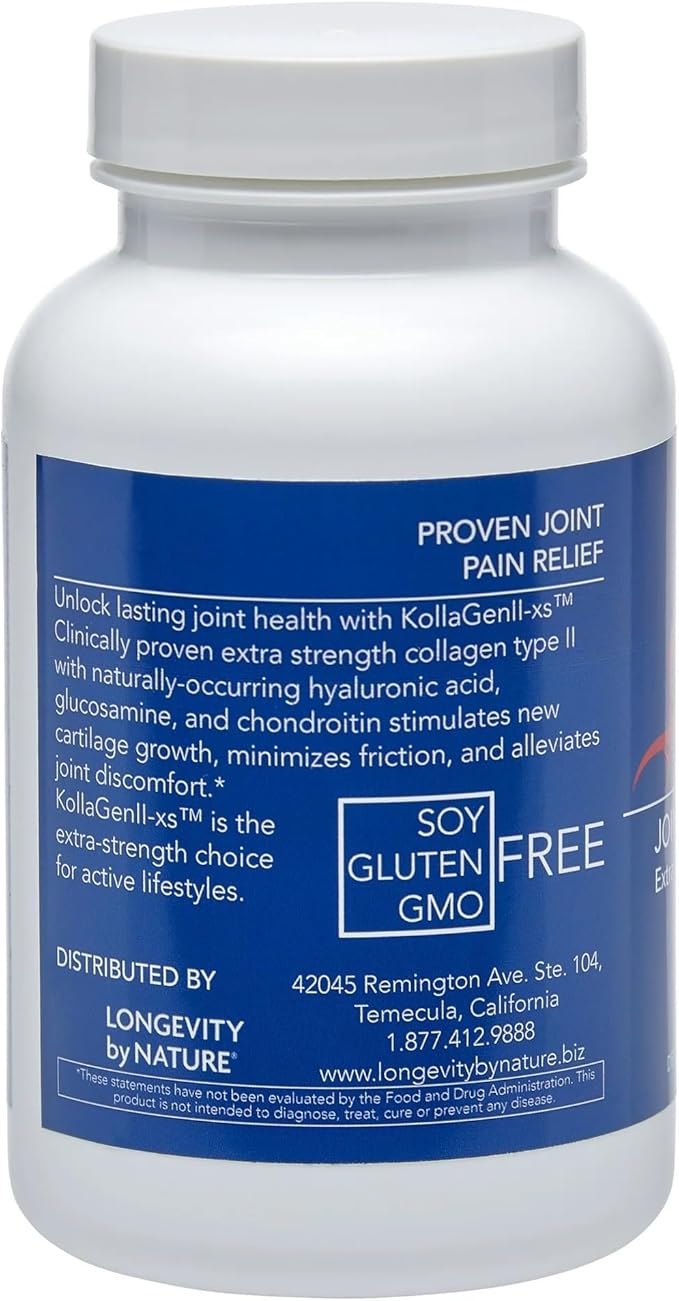 Longevity by Nature Extra Strength KollaGen II-XS- Collagen Type II with Hyaluronic Acid, Chondroitin, and Glucosamine – Joint Support, 120 Capsules.