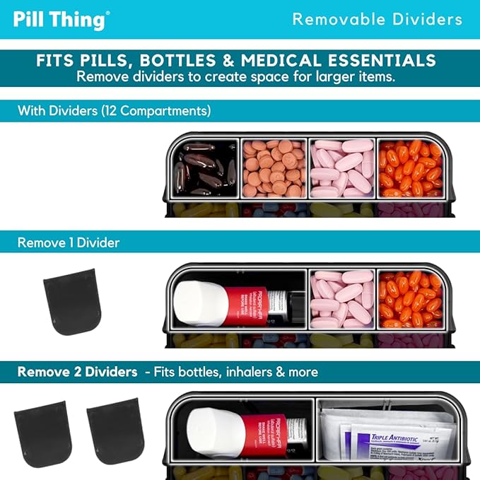 12-Compartment Weekly Pill Box Case with Removable Dividers, Waterproof, Travel-Friendly, with Medication Map and Medical Alert Cards (Black, 2 Pack)
