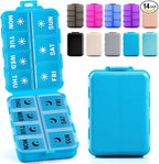 Foldable & Portable Weekly Pill Organizer 2 Times a Day with Clear Printed Labels - 7 Day AM PM Medicine Box, Week Daily Travel Pill Meds Case Holder for Medications, Vitamin, Supplement - Blue