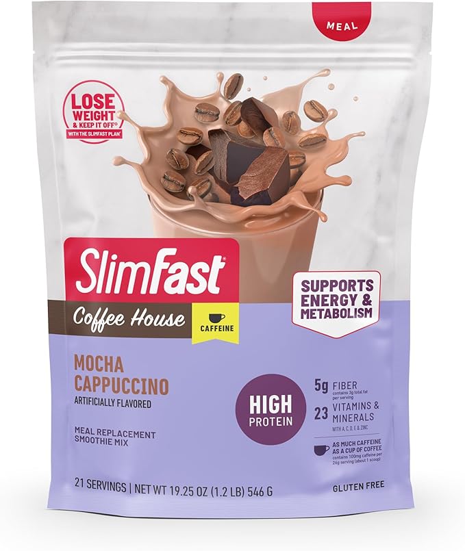 SlimFast High Protein Meal Replacement Powder, Caffeine Protein Powder, Energizing Protein Mix, Vitamin and Mineral Blend, Gluten Free, Coffee Flavored Protein Powder, Mocha Cappuccino, 21 Servings