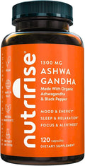 NutriRise Organic Ashwagandha Root Capsules with Black Pepper, 1300mg, Natural Stress & Mood, Thyroid, and Immune Support Supplement, Clarity, Focus & Energy, Gluten Free, 120 Count