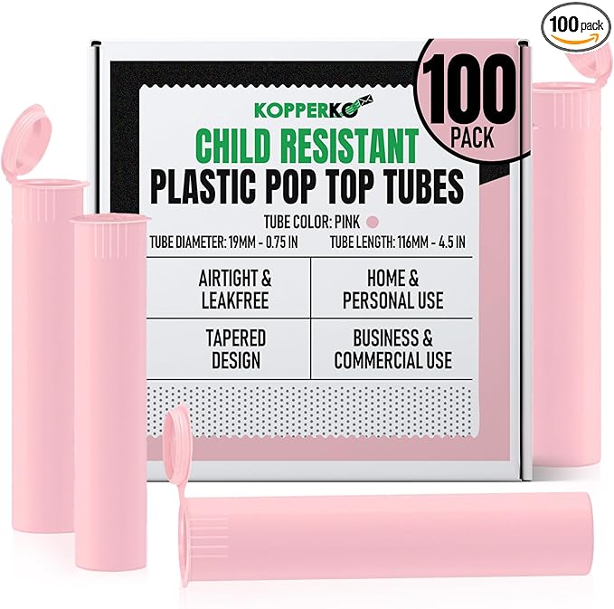 Kopperko Small Pill Bottles (116mm, 4.6 Inch 100-Pack) | Child Resistant Storage Tubes with Caps | Tube Container for Spices | Airtight, UV Resistant & Waterproof (Pink Plastic)