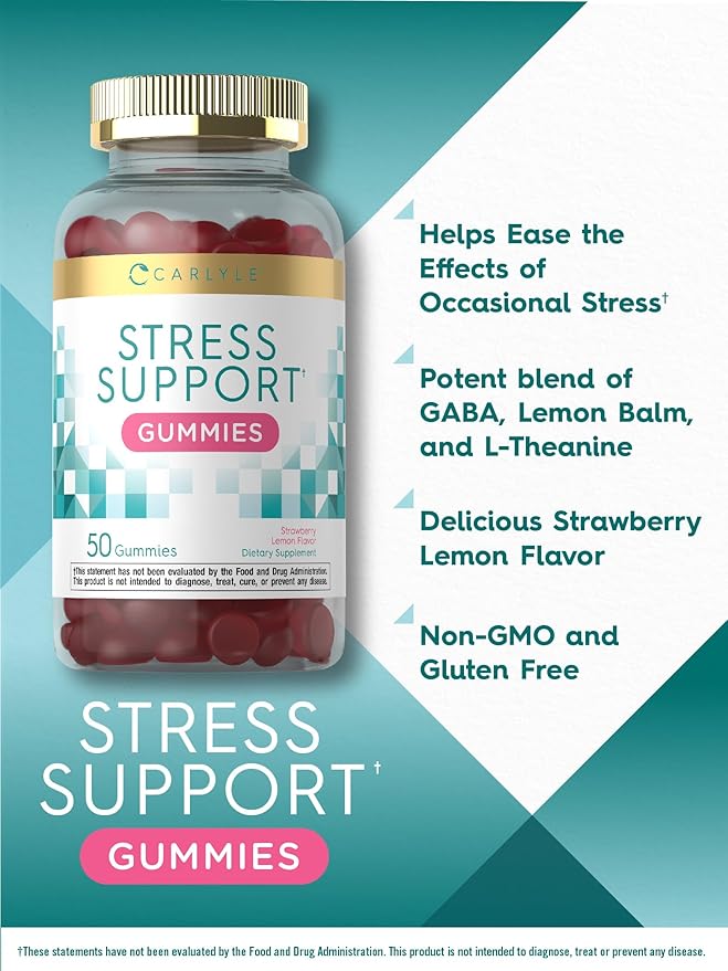 Carlyle Stress Support Supplement Gummies | 50 Count | for Women and Men | with GABA and L-Theanine | Strawberry Lemon Flavor | Non-GMO & Gluten Free