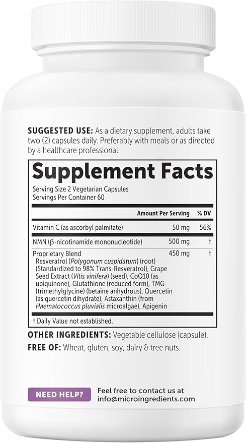 Micro Ingredients NMN Complex 1000mg Per Serving, 120 Veggie Capsules | 10-in-1 with Nicotinamide Mononucleotide, Resveratrol, CoQ10, Quercetin & Glutathione | NAD+ Supplement Precursor | Filler Free