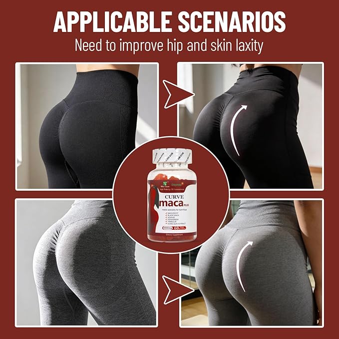 Maca Plus Gummies 3000mg, Glute Boost Vitamins for Women, Supports Curves, Energy & Skin Health, Strawberry Flavor, Vegan, 60 Count