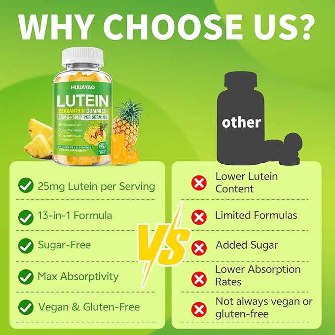 Lutein Gummies 25mg, Lutein and Zeaxanthin Supplements Eye Vitamins Gummies for Support Blue Light Protection, Vision & Overall Eye Health, Sugar Free, Pineapple Flavor, 120 Count