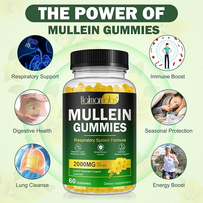 Mullein Gummies for Lungs, Mullein Extract for Smokers - Support Lung & Respiratory Health, Soothes Throat Irritation, Boost Immune - Mullein Leaf Extract for Lungs, Breathe Easier (2 Pack)