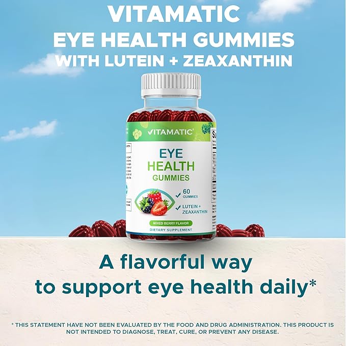 Vitamatic Eye Health Gummies with Lutein, Zeaxanthin, Vitamin C, E & Zinc – Mixed Berry Flavor – 60 Gummies –Non-GMO, Gluten-Free
