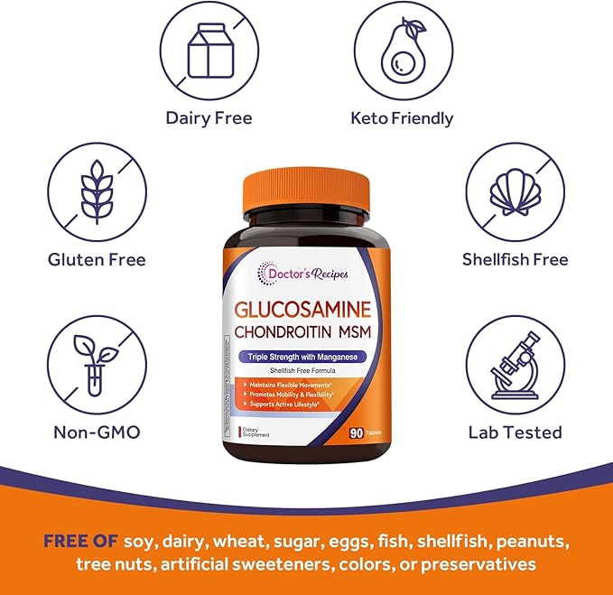 Doctor's Recipes Glucosamine Chondroitin MSM and Manganese Supplement, 1800 mg Glucosamine HCl, NO Shellfish, Healthy Structure & Movements, Flexibility Support for Men & Women, 90 Tablets