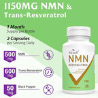 99% Ultra Purity NMN 500mg + Trans-Resveratrol 600mg, 1150mg NMN Resveratrol Supplement, 3-in-1 Advanced Formula for Boost* NAD, Cell, Immune, Energy & Muscle, Healthy Aging, Stabilized Form - 60 Caps