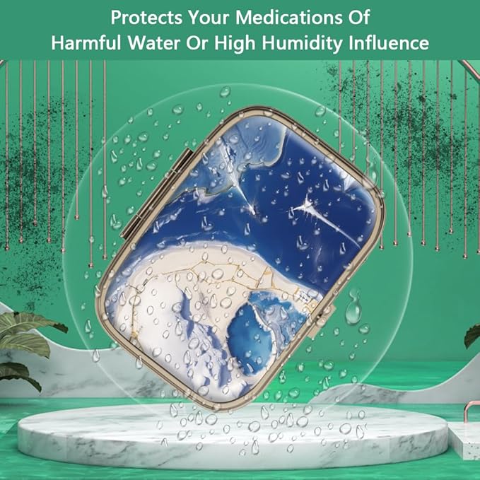 Pill Case Pill Box with Mirror Retro 2 Compartment Small Pill Case for Purse or Pocket Bronze Rectangular Pill Box or Vitamins, Fish Oil, Supplements, Pill Containe Travel Gifts（Marble Paint）