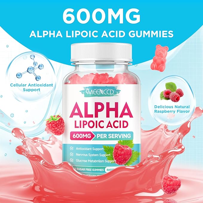 MEENCCD 2 Pack Alpha Lipoic Acid Gummies 600mg - ALA Supplement for Antioxidant Support, Vegan, Sugar-Free, Raspberry Flavor, 120 Count