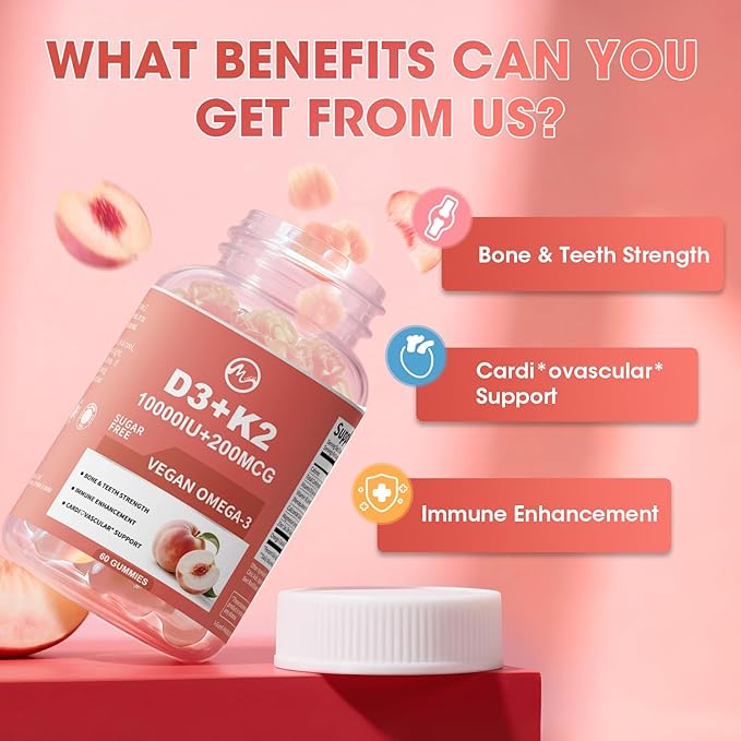 M inch Vitamin D3 K2 Gummies, Vitamin D3 10000IU, K2 (MK-7) 200mcg, 6-in-1 Vitamina D3 Con K2 Supplement with Omega-3, Magnesium and Calcium for Bones, Teeth & Immune Support, Sugar Free, 2 Packs