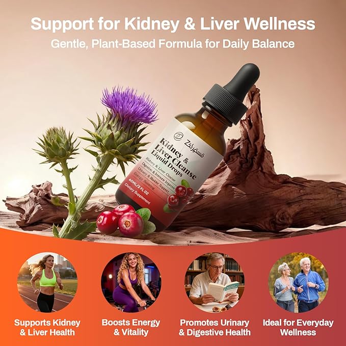 Kidney Cleanse Drops with Cranberry Extract, Milk Thistle, Chanca Piedra & Artichoke - Herbal Supplement for Liver Kidney Detox & Urinary Tract Support, 60ml