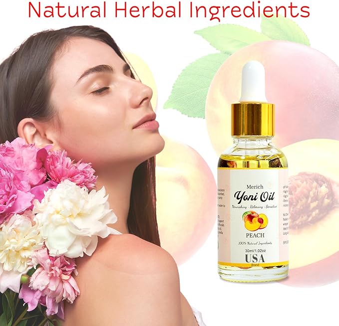 MERICH Natural Yoni Oil for Women | pH Balancing Vaginal Detox Oil, Peach | Rejuvenating Formula for Dark Spots & Ingrown Hair | Odor Eliminator & Gentle Cleansing Feminine Care | 1 oz
