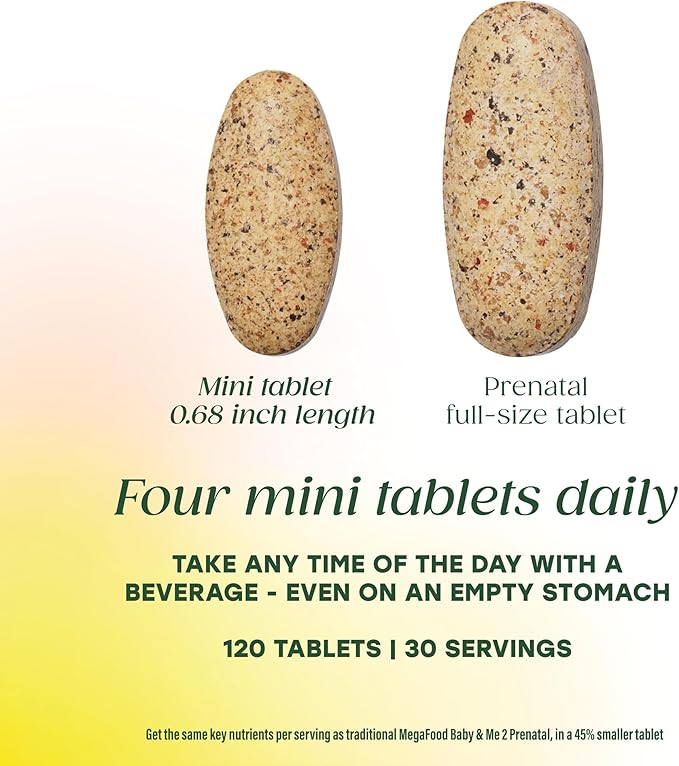 MegaFood Baby & Me 2 Prenatal Multi Minis - Prenatal Vitamins for Women with Choline & Methyl Folate - Gluten-Free, Vegetarian, Pre Natal Multivitamin for Women – 120 Minis Tablets, 30 Servings