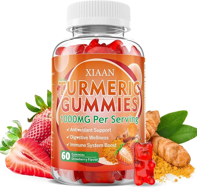 Turmeric Gummies 1000mg, Organic Turmeric Curcumin Supplement with Black Pepper for Immune & Muscle Support, Sugar-Free/Vegan/Gluten-Free, Strawberry Flavor 60 Count