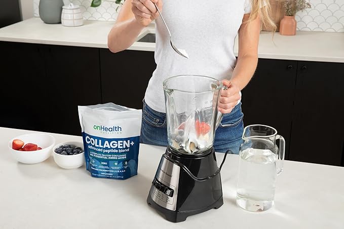 onHealth Multi Collagen Peptide Powder Types I, II, III, V & X Complete Protein with All 9 Essential Amino Acids Biotin, Hyaluronic Acid & Vitamin C Unflavored, Easy‑Mix Collagen for Women & Men