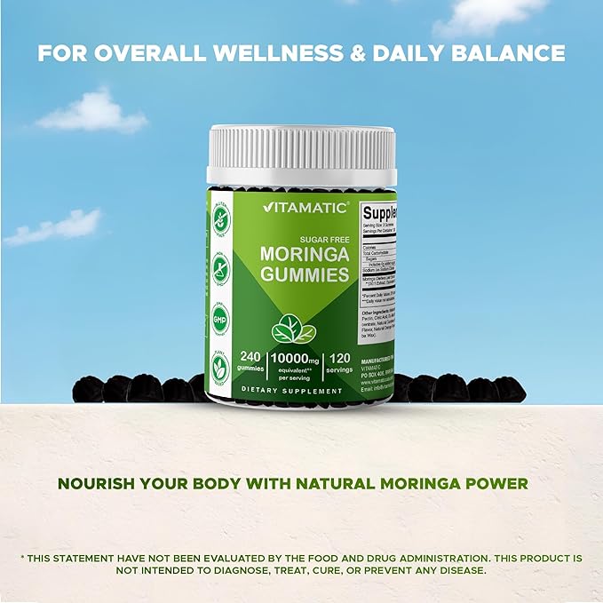 Vitamatic Moringa Gummies – Sugar-Free 50:1 Plant-Based Extract – Green Superfood – Pectin-Based, Vegan, Non-GMO – 240 Gummies