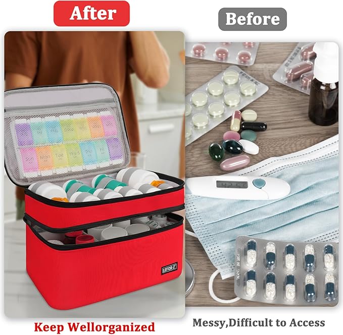 LEFOR·Z Medicine Storage Bag,Double Layers Pill Bottle Organizer Bag Empty with Lockable Zipper&Adjustable Divider,Medication Travel Carrying Bag for Pills,Vitamins,Medical Supplies,Red