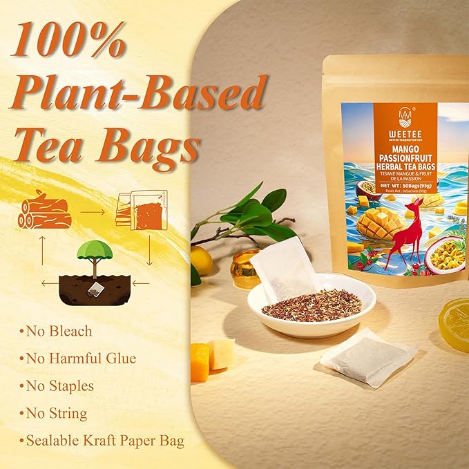 WT WEETEE Mango Passionfruit Herbal Tea, 50 Count Tropical Fruit Flavored Tea Bags, Caffeine Free Herbal Hibiscus Rosehips Cinnamon Orange Peel