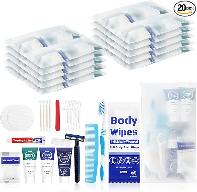 Travel Hygiene Kit Personal Toiletries Bulk, Disposable Homeless Care Package Supplies, Men Toiletry Set Cleaning Essentials Individually Wrapped for Camping, Travel, Relief, Charity (11-in-1, 20)