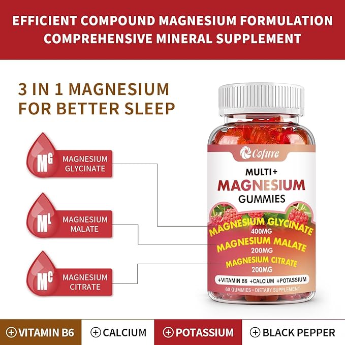 Triple Magnesium Complex 900 mg, Magnesium Glycinate, Citrate, Malate with Potassium, Calcium, Vitamin B6 for Calm & Sleep - Vegan, Non-GMO, Gluten Free - 120 Raspberry Gummies for Adults