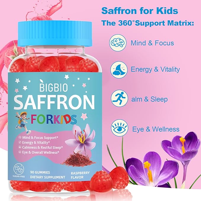 Saffron for Kids, Saffron Extract, Magnesium Glycinate, Omega-3, L-Theanine, Holy Basil, Rosemary, B6, D3 for Calm, Focus, Happy Mood, Cognition, Sleep, Sugar Free, 90 Gummies