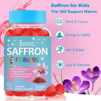 Saffron for Kids, Saffron Extract, Magnesium Glycinate, Omega-3, L-Theanine, Holy Basil, Rosemary, B6, D3 for Calm, Focus, Happy Mood, Cognition, Sleep, Sugar Free, 90 Gummies
