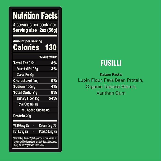 Kaizen Fusilli Protein Pasta, 20g Protein, Low Carb (6g Net Carbs), Keto-Friendly, Gluten-Free, Plant-Based Lupini Noodles, High Fiber, 8 Ounce, Pack of 3